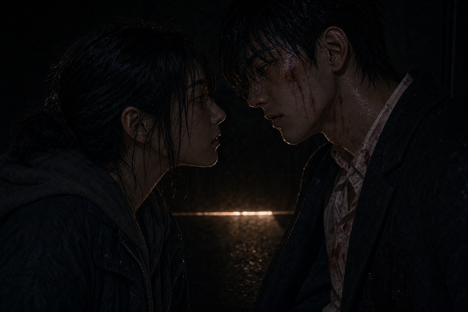 Tight close-up two-shot: Seo-jin and Min-woo staring at each other in almost complete darkness; her hand has come off his mouth; they are inches apart