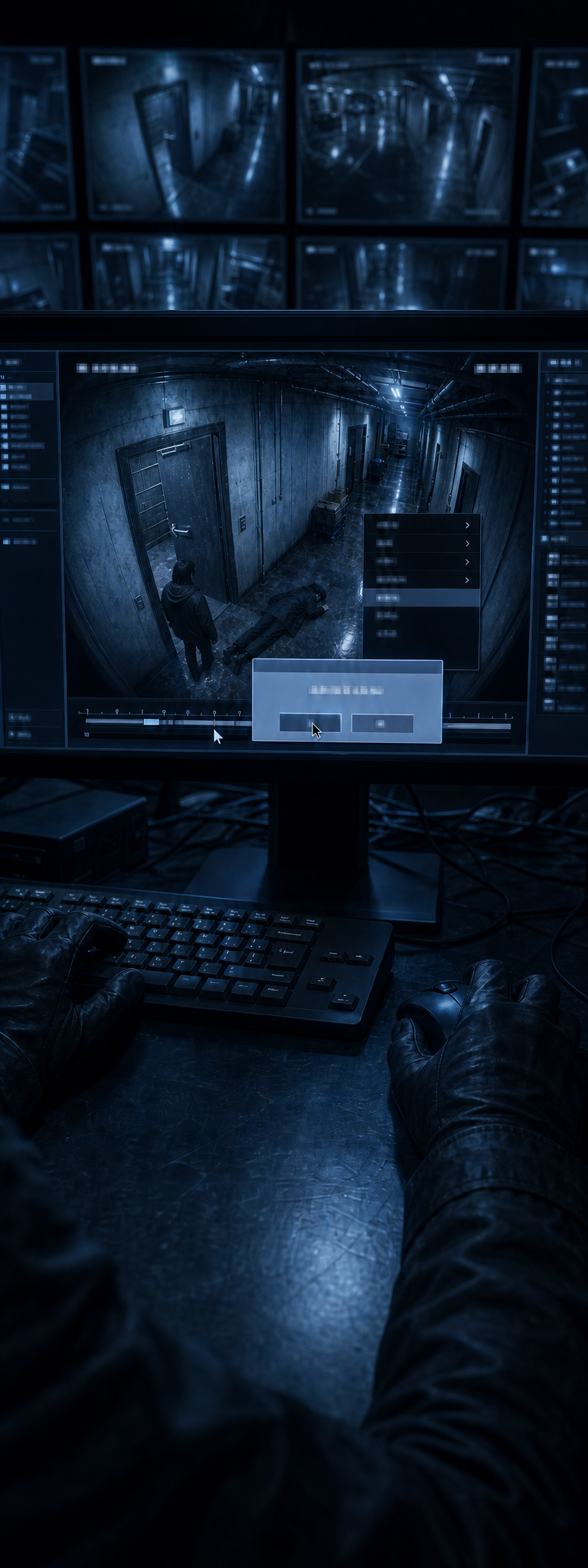 Security office in dark; bank of Moonlight Heights camera monitors; a black-gloved hand on a mouse moves the cursor through the footage timeline to the moment Seo-jin enters the corridor and finds Min-woo; a right-click menu appears over the file; a delete confirmation dialog reads ARE YOU SURE YOU WANT TO PERMANENTLY DELETE?; cursor over Yes