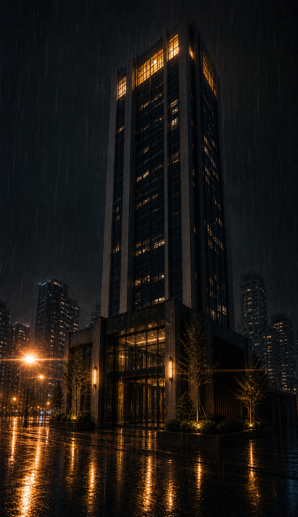 Final vertical panel: Moonlight Heights exterior in rain; upper floors glow warm above the dark basement, bookending the opening establishing shot